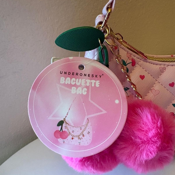 Y2K Pink Quilted Baguette Bag Cherry Print with Pom Pom Charm- NWT Under One Sky - Picture 2 of 11